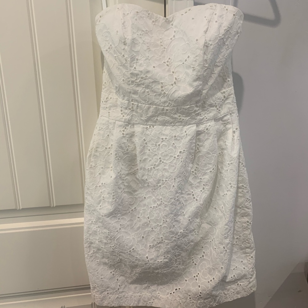 H&M eyelet strapless white mini dress, size 8